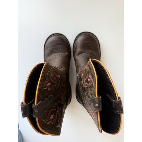 JUSTIN Youth Size 5.5 B Brown L9526 Orange Leather Square Toe Cowboy Boots Gypsy - Picture 6 of 7